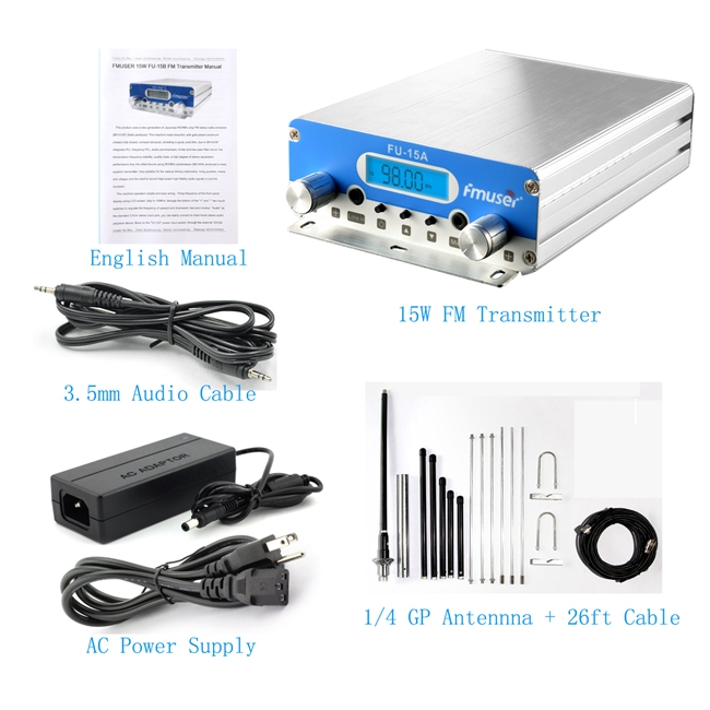 FMUSER FU-15A 1W/15W PLL FM Stereo Transmitter, Two Power Levels for Short  or Long Range Wireless Broadcasting + 1/4 wave Ground Plane Antenna + AC  Power Supply, Super Holiday Light FM Transmitter